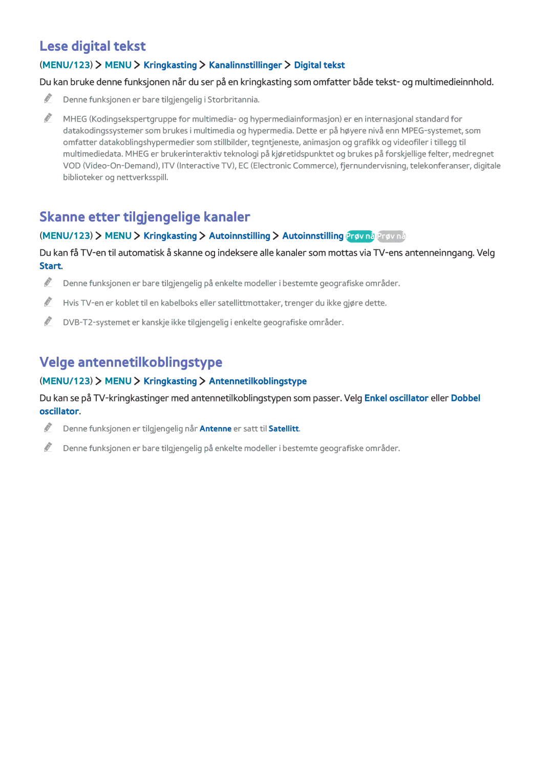 Samsung UE88JS9505QXXE, UE82S9WAQXXE Lese digital tekst, Skanne etter tilgjengelige kanaler, Velge antennetilkoblingstype 