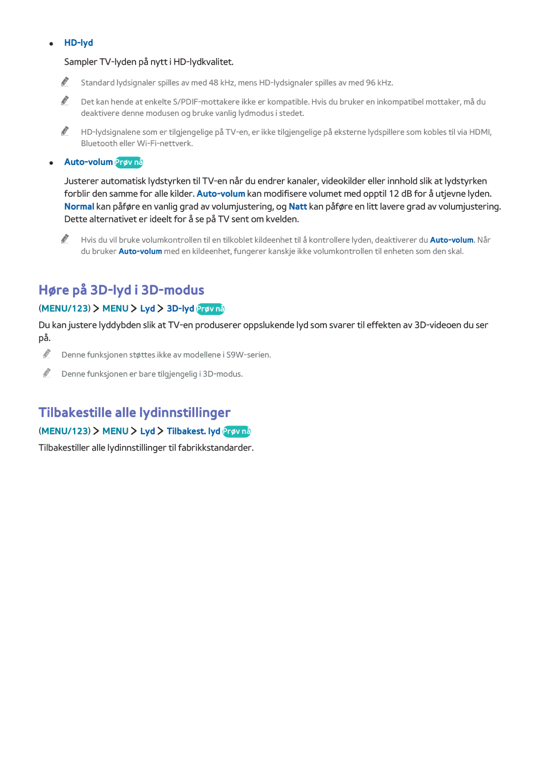 Samsung UE82S9WAQXXE manual Høre på 3D-lyd i 3D-modus, Tilbakestille alle lydinnstillinger, HD-lyd, Auto-volum Prøv nå 