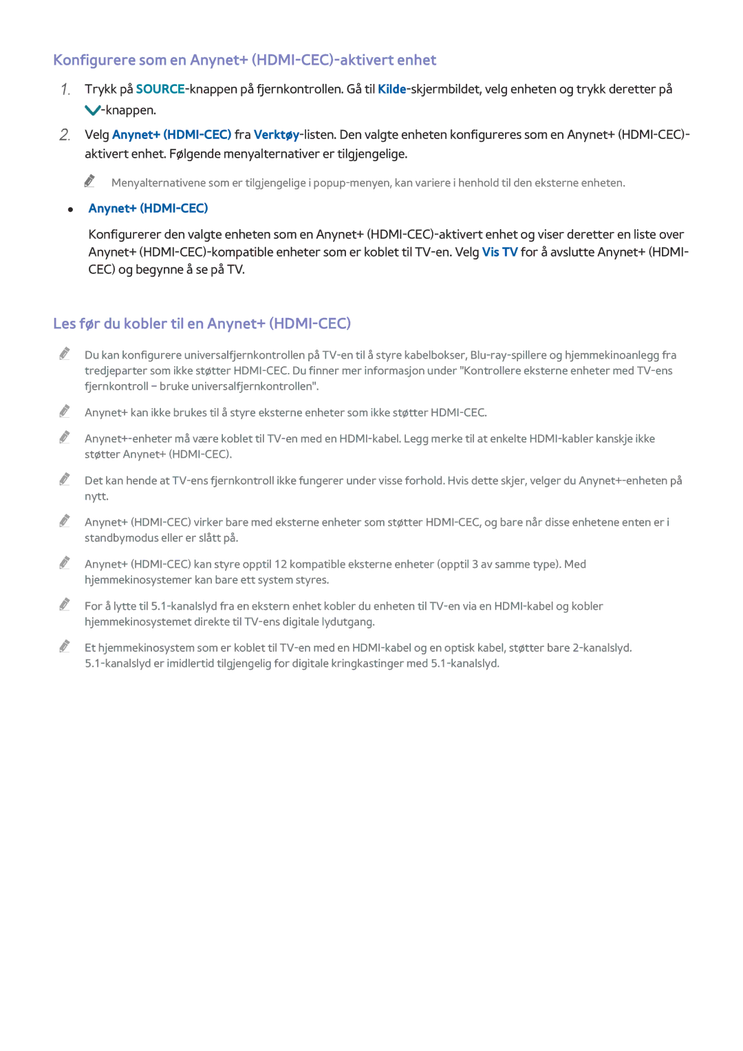 Samsung UE82S9WAQXXE manual Konfigurere som en Anynet+ HDMI-CEC-aktivert enhet, Les før du kobler til en Anynet+ HDMI-CEC 