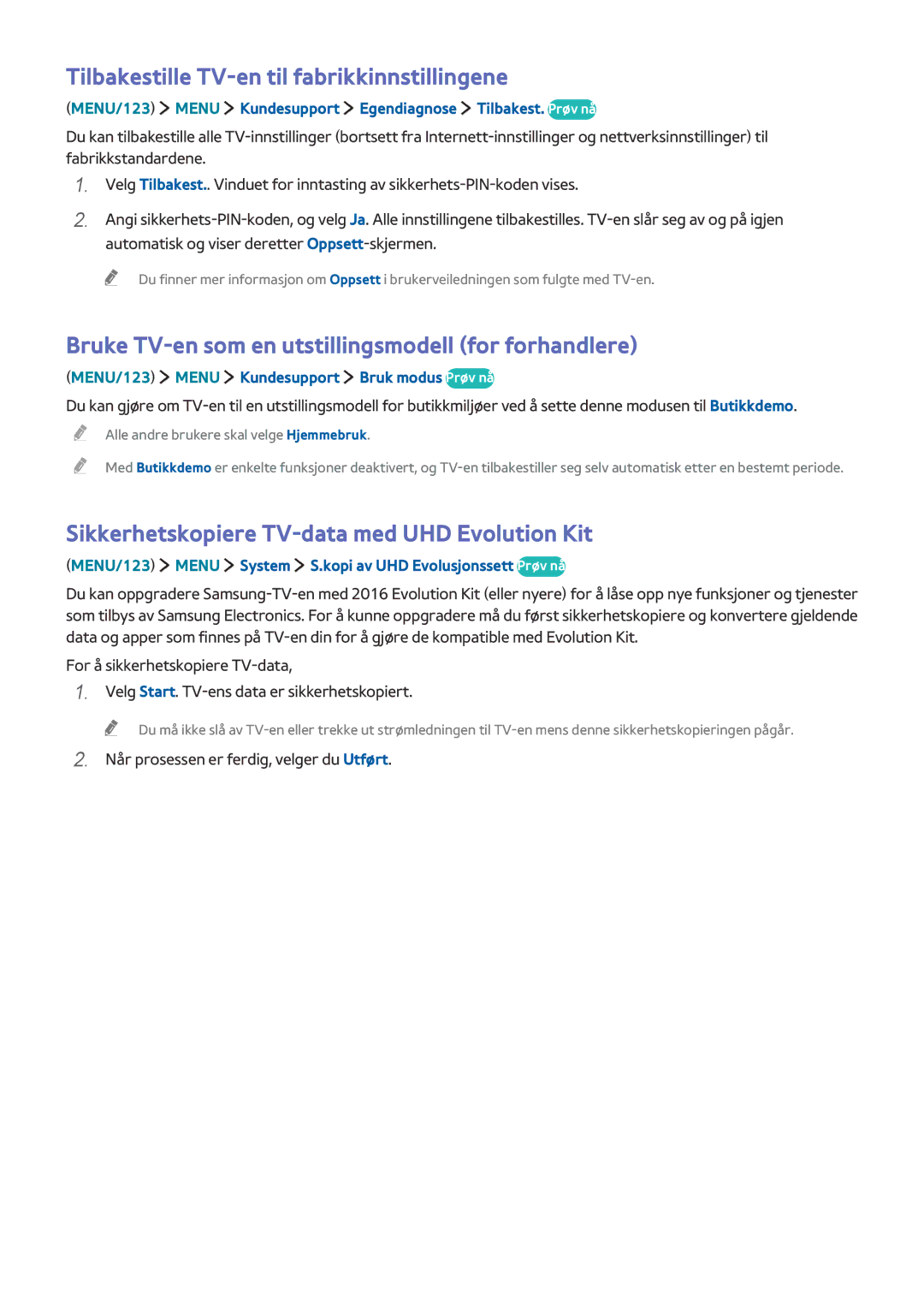 Samsung UE78JS9505QXXE Tilbakestille TV-en til fabrikkinnstillingene, Bruke TV-en som en utstillingsmodell for forhandlere 