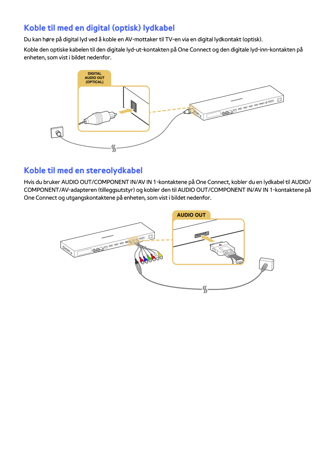 Samsung UE82S9WAQXXE, UE48JS9005QXXE manual Koble til med en digital optisk lydkabel, Koble til med en stereolydkabel 