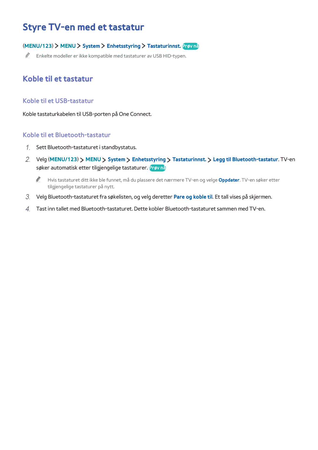 Samsung UE78JS9505QXXE, UE48JS9005QXXE manual Styre TV-en med et tastatur, Koble til et tastatur, Koble til et USB-tastatur 