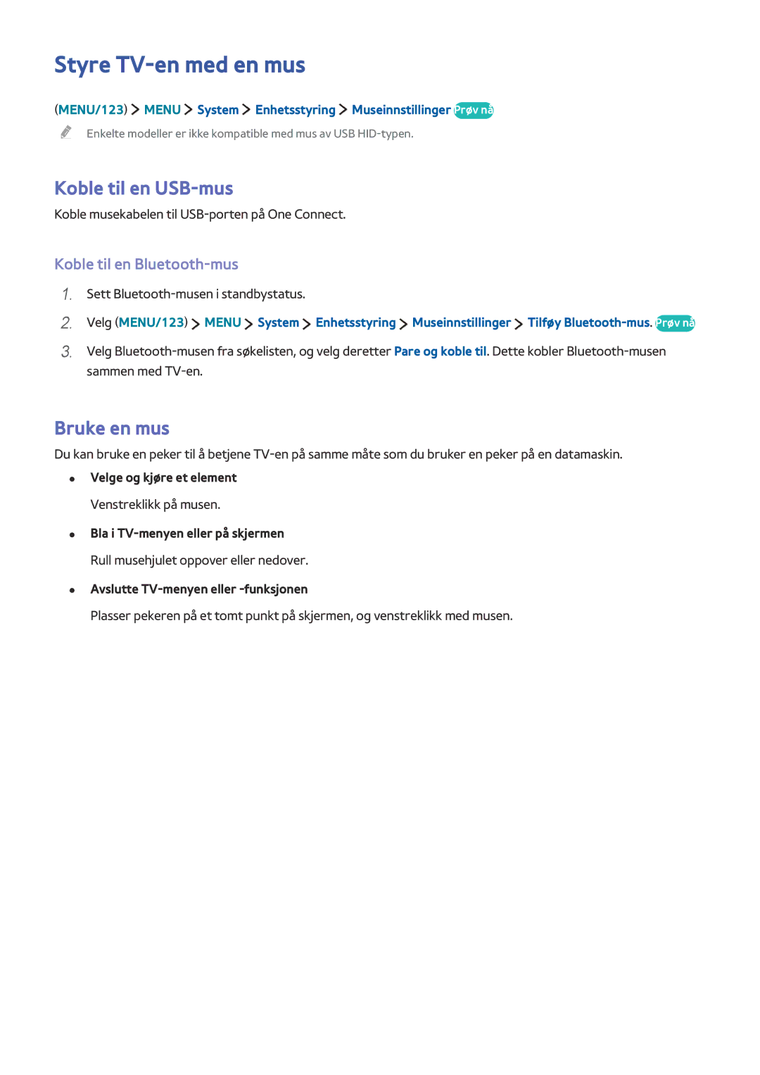 Samsung UE65JS9505QXXE manual Styre TV-en med en mus, Koble til en USB-mus, Bruke en mus, Koble til en Bluetooth-mus 