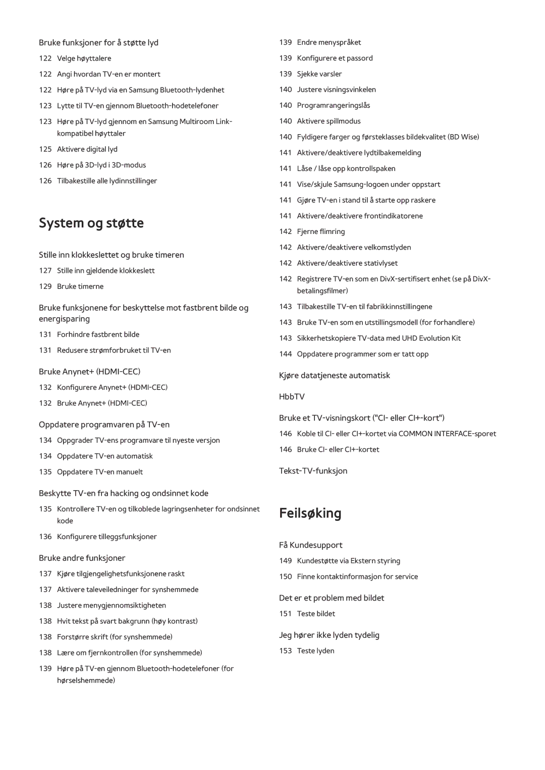 Samsung UE55JS9005QXXE, UE48JS9005QXXE, UE65JS9005QXXE, UE78JS9505QXXE, UE88JS9505QXXE, UE65JS9505QXXE manual System og støtte 