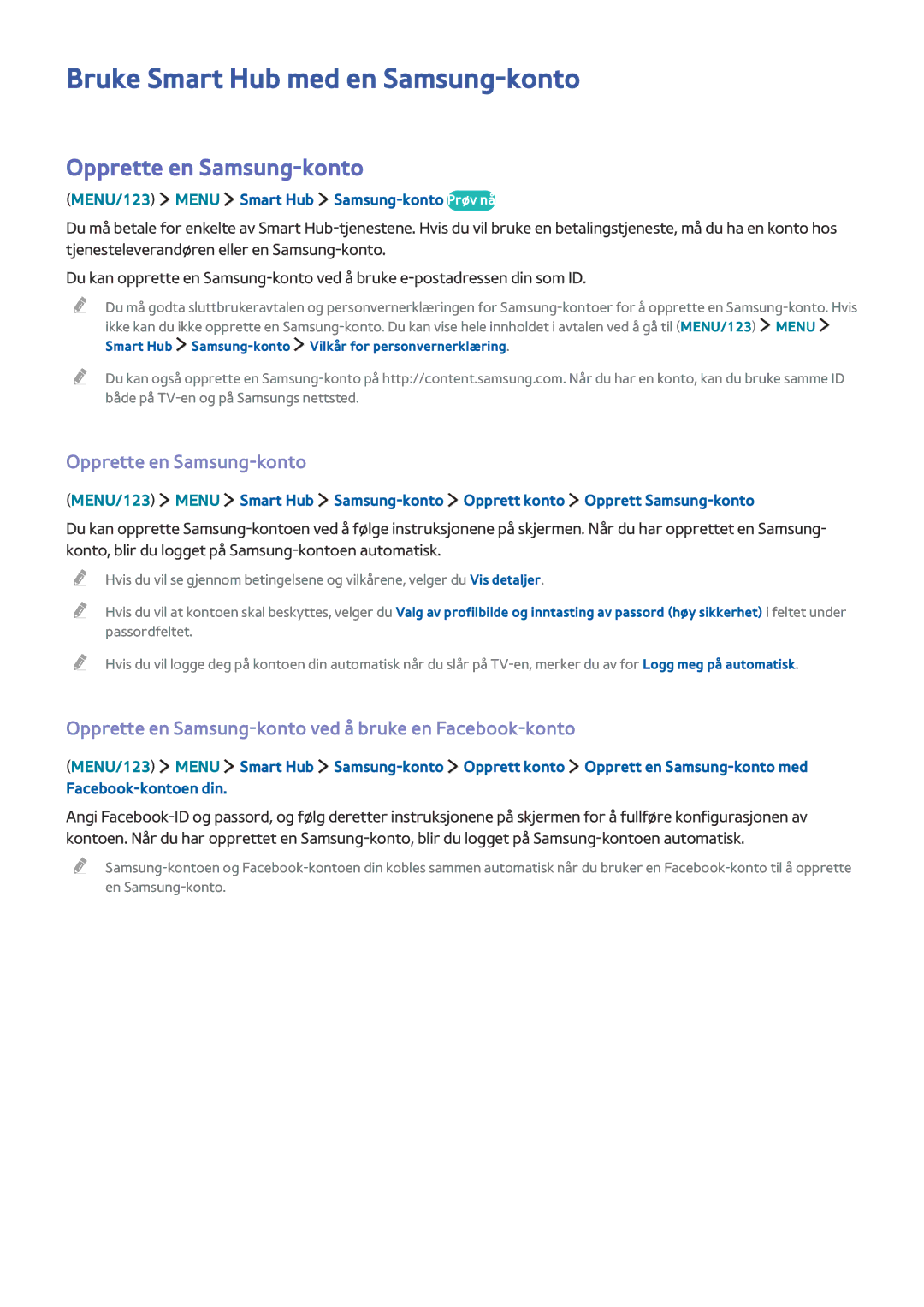 Samsung UE88JS9505QXXE, UE48JS9005QXXE, UE65JS9005QXXE manual Bruke Smart Hub med en Samsung-konto, Opprette en Samsung-konto 