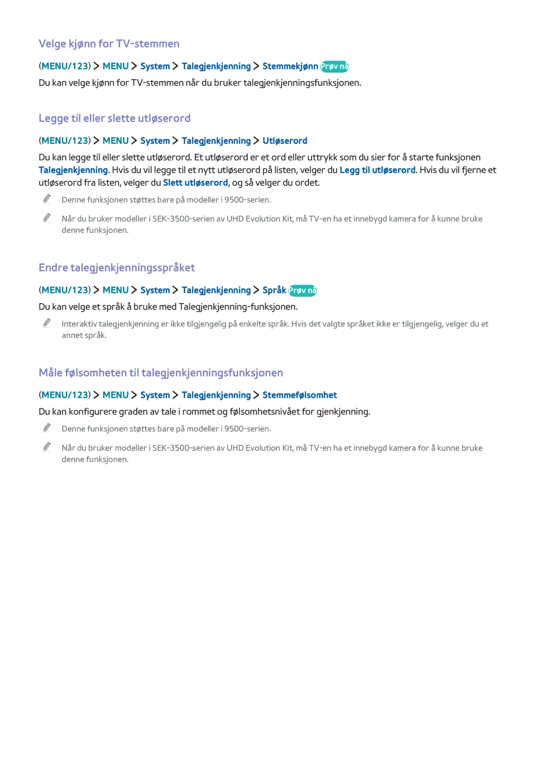 Samsung UE65JS9505QXXE manual Velge kjønn for TV-stemmen, Legge til eller slette utløserord, Endre talegjenkjenningsspråket 