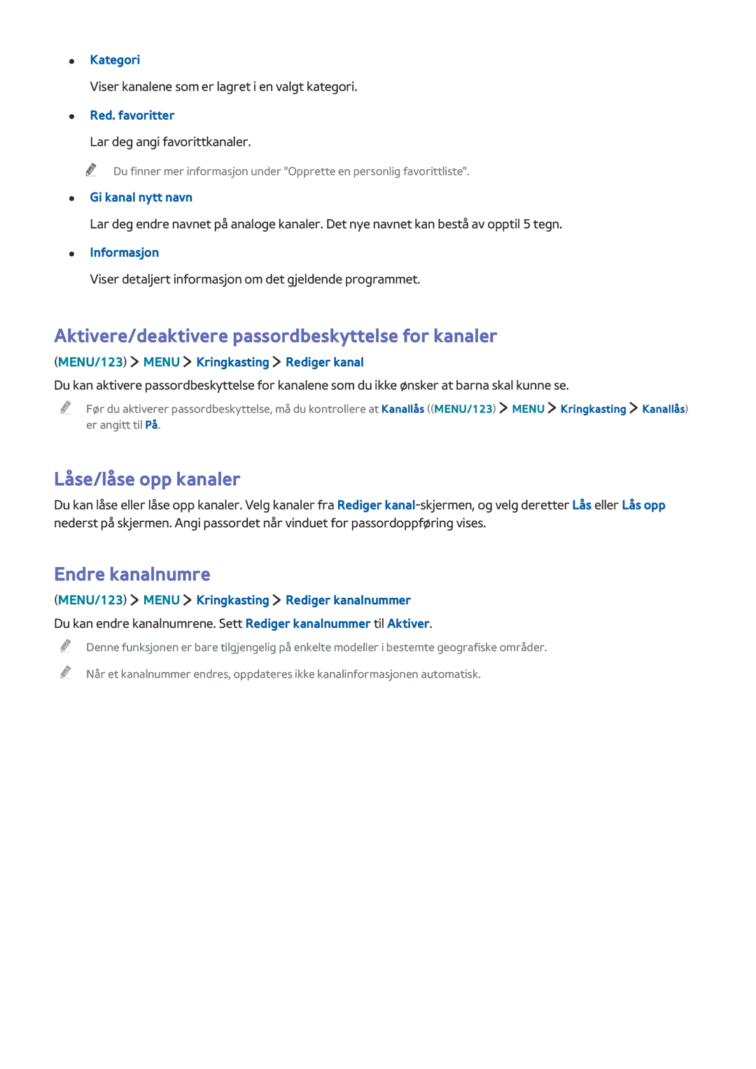 Samsung UE48JS9005QXXE manual Aktivere/deaktivere passordbeskyttelse for kanaler, Låse/låse opp kanaler, Endre kanalnumre 