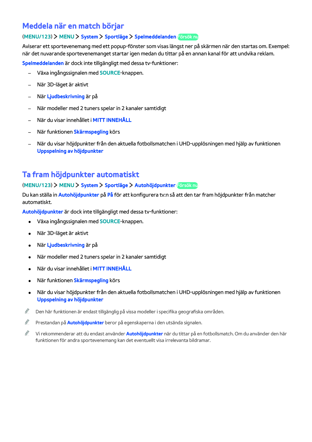 Samsung UE55JS9005QXXE manual Meddela när en match börjar, Ta fram höjdpunkter automatiskt, När Ljudbeskrivning är på 