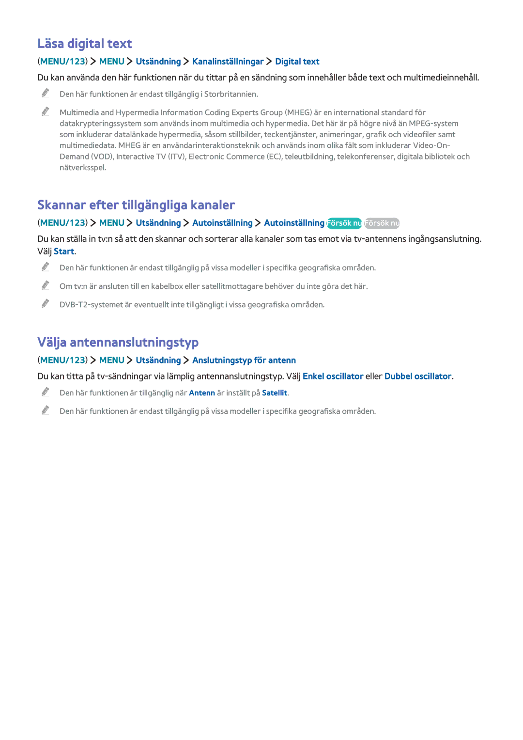 Samsung UE88JS9505QXXE, UE48JS9005QXXE Läsa digital text, Skannar efter tillgängliga kanaler, Välja antennanslutningstyp 
