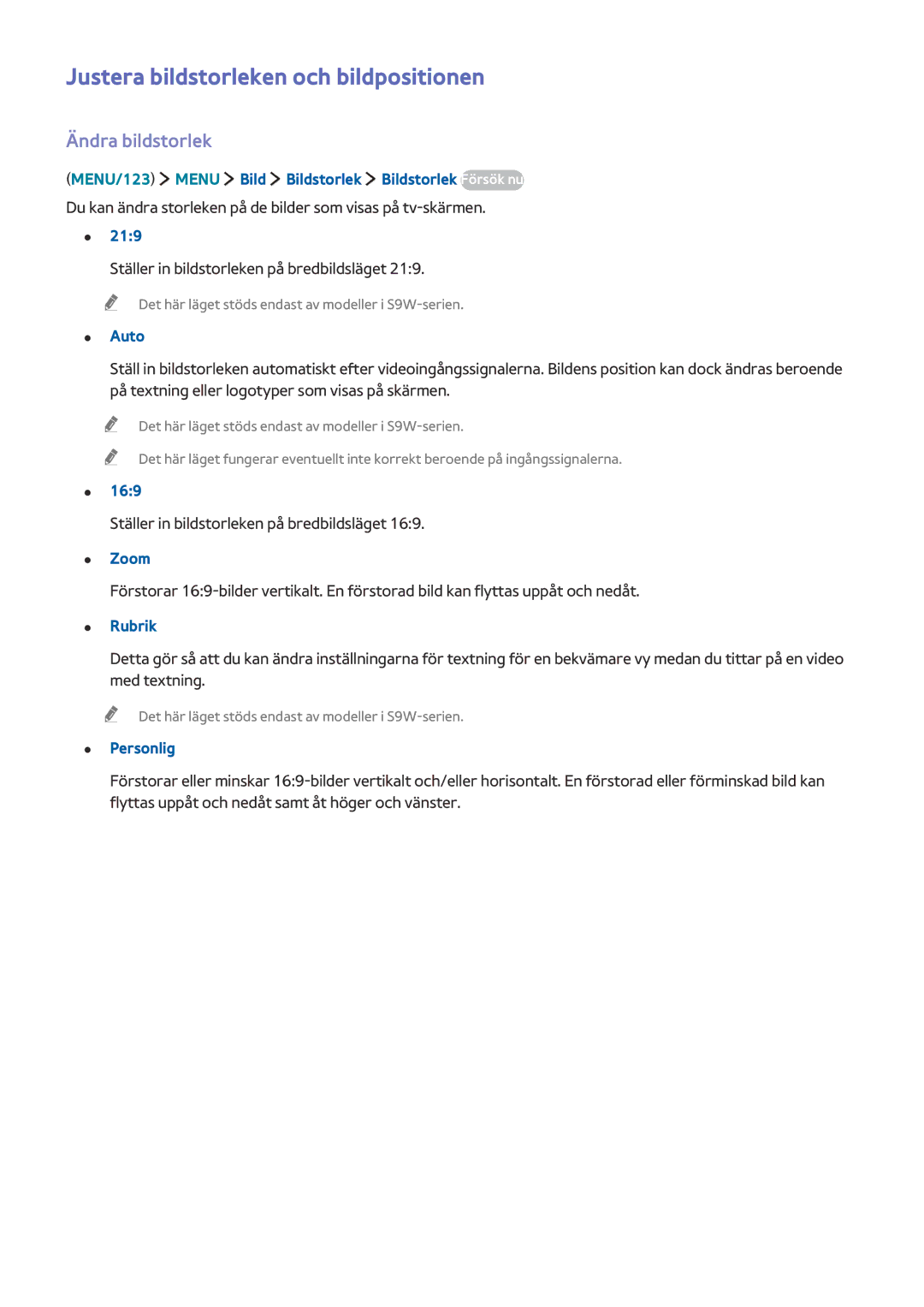 Samsung UE88JS9505QXXE, UE48JS9005QXXE, UE65JS9005QXXE manual Justera bildstorleken och bildpositionen, Ändra bildstorlek 