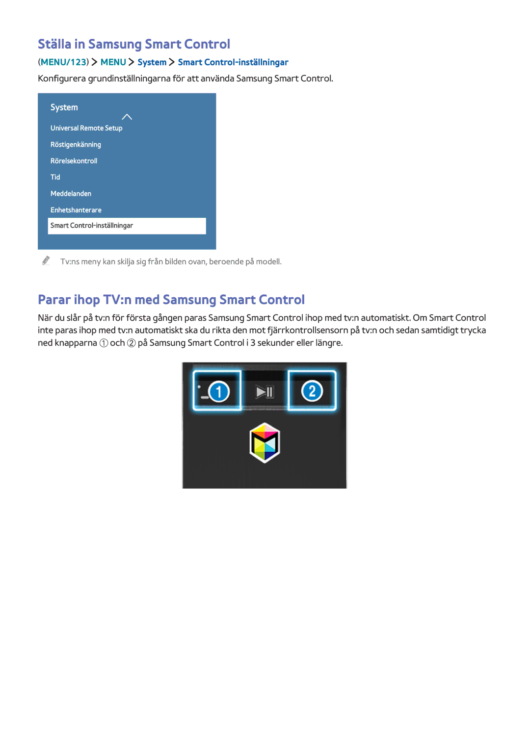 Samsung UE82S9WAQXXE, UE48JS9005QXXE manual Ställa in Samsung Smart Control, Parar ihop TVn med Samsung Smart Control 