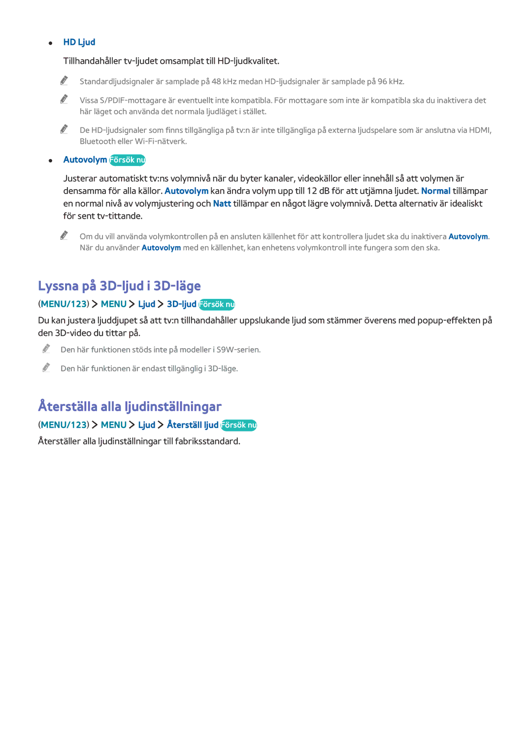 Samsung UE82S9WAQXXE, UE48JS9005QXXE, UE65JS9005QXXE manual Lyssna på 3D-ljud i 3D-läge, Återställa alla ljudinställningar 