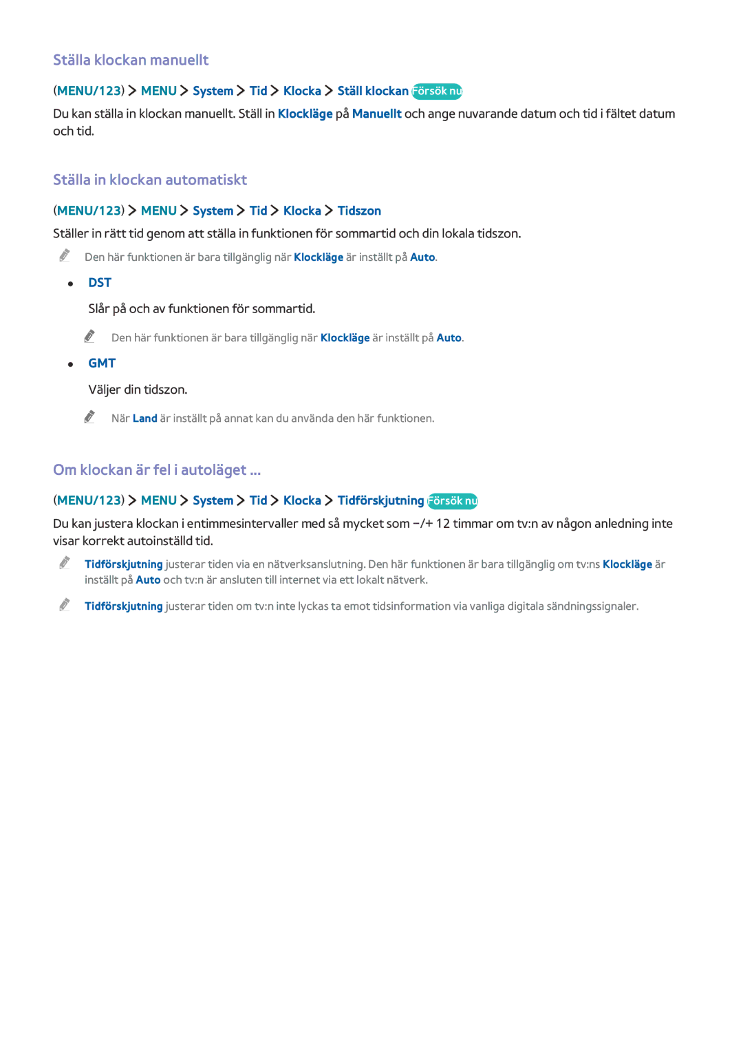 Samsung UE65JS9005QXXE, UE82S9WAQXXE Ställa klockan manuellt, Ställa in klockan automatiskt, Om klockan är fel i autoläget 