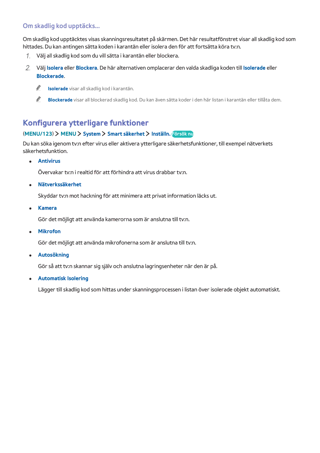 Samsung UE78JS9505QXXE, UE48JS9005QXXE, UE65JS9005QXXE manual Konfigurera ytterligare funktioner, Om skadlig kod upptäcks 