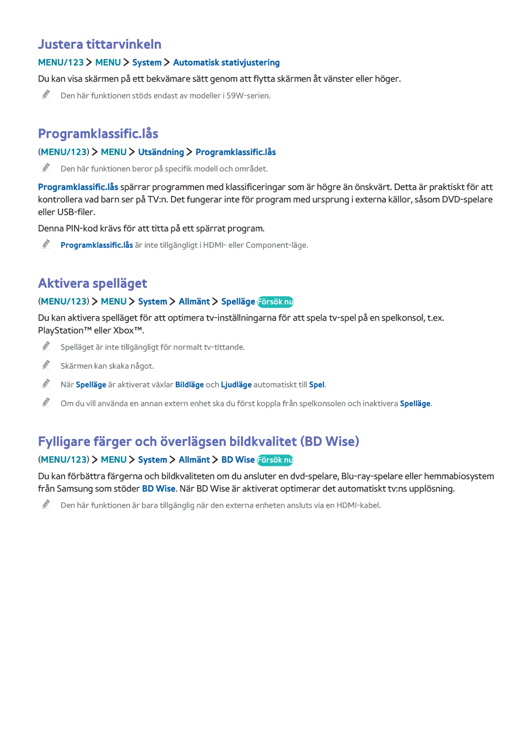 Samsung UE82S9WAQXXE, UE48JS9005QXXE, UE65JS9005QXXE manual Justera tittarvinkeln, Programklassific.lås, Aktivera spelläget 