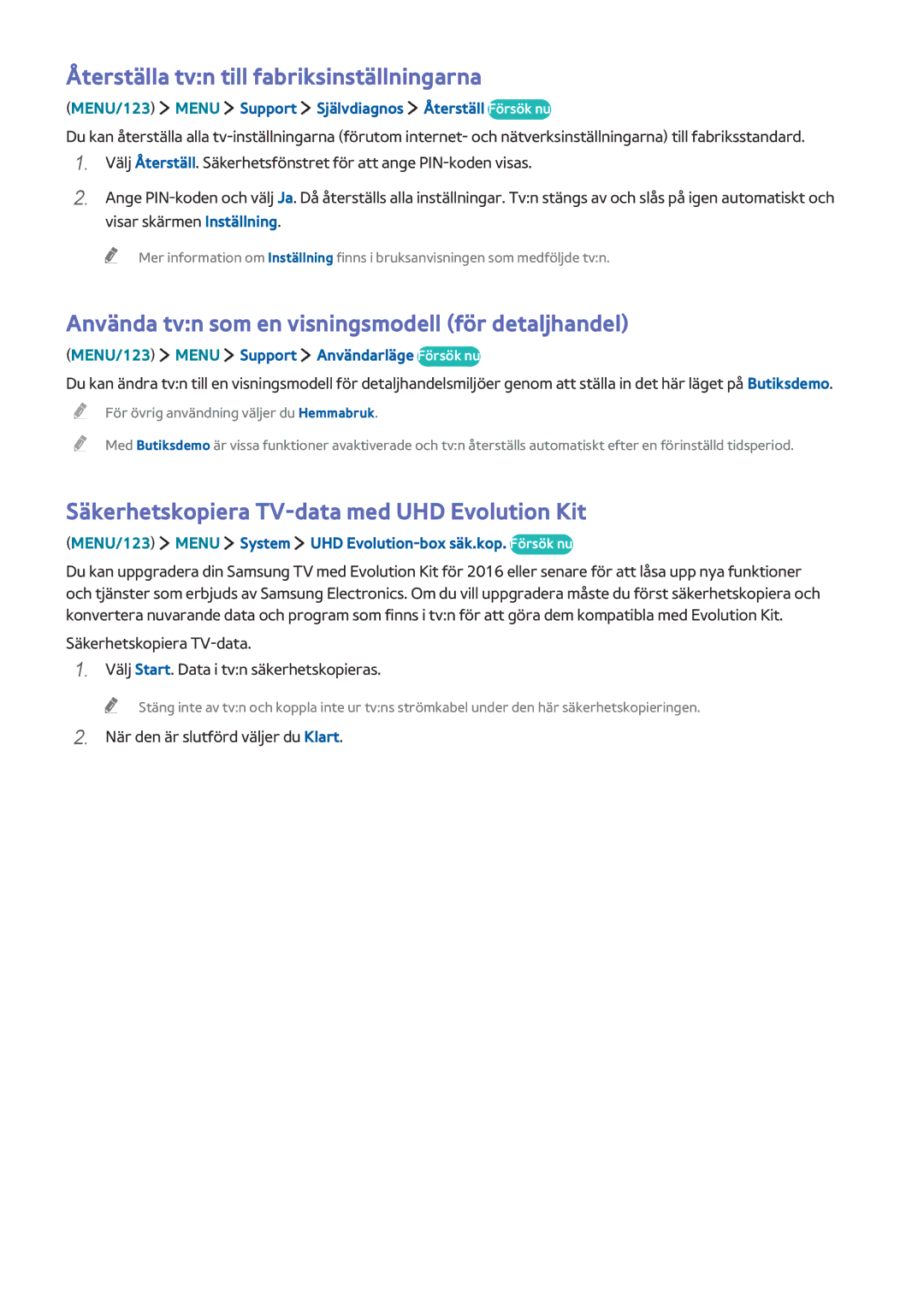 Samsung UE78JS9505QXXE Återställa tvn till fabriksinställningarna, Använda tvn som en visningsmodell för detaljhandel 