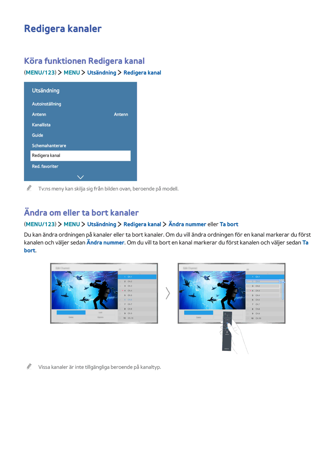 Samsung UE65JS9005QXXE, UE48JS9005QXXE Redigera kanaler, Köra funktionen Redigera kanal, Ändra om eller ta bort kanaler 