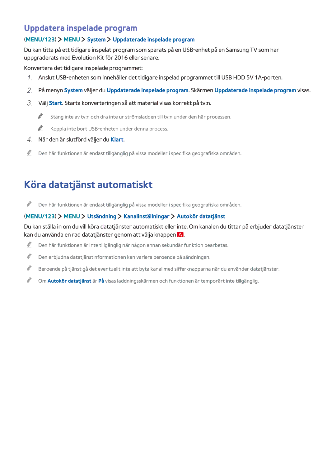 Samsung UE88JS9505QXXE, UE48JS9005QXXE, UE65JS9005QXXE manual Köra datatjänst automatiskt, Uppdatera inspelade program 
