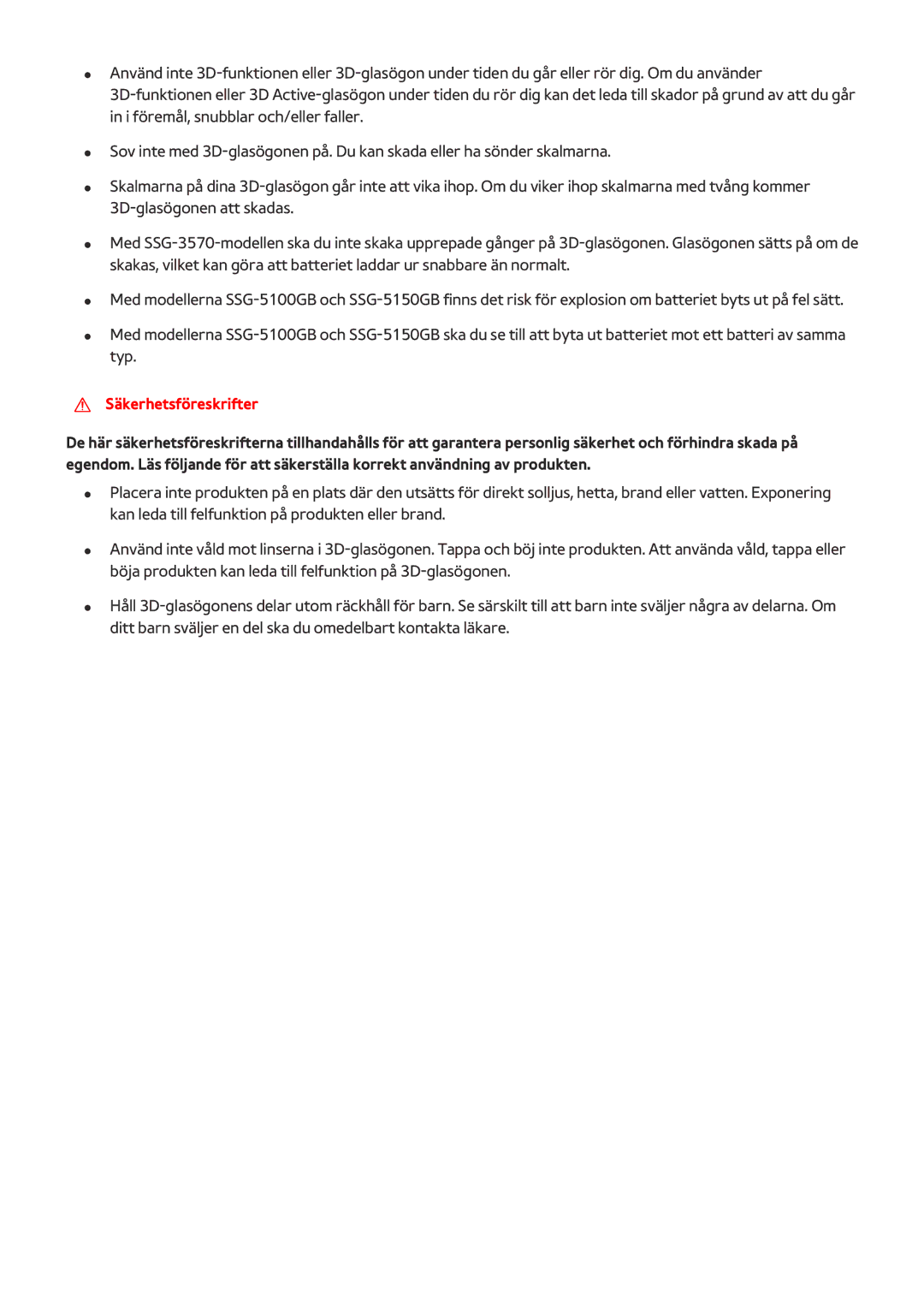 Samsung UE88JS9505QXXE, UE48JS9005QXXE, UE65JS9005QXXE, UE78JS9505QXXE, UE65JS9505QXXE, UE55JS9005QXXE Säkerhetsföreskrifter 