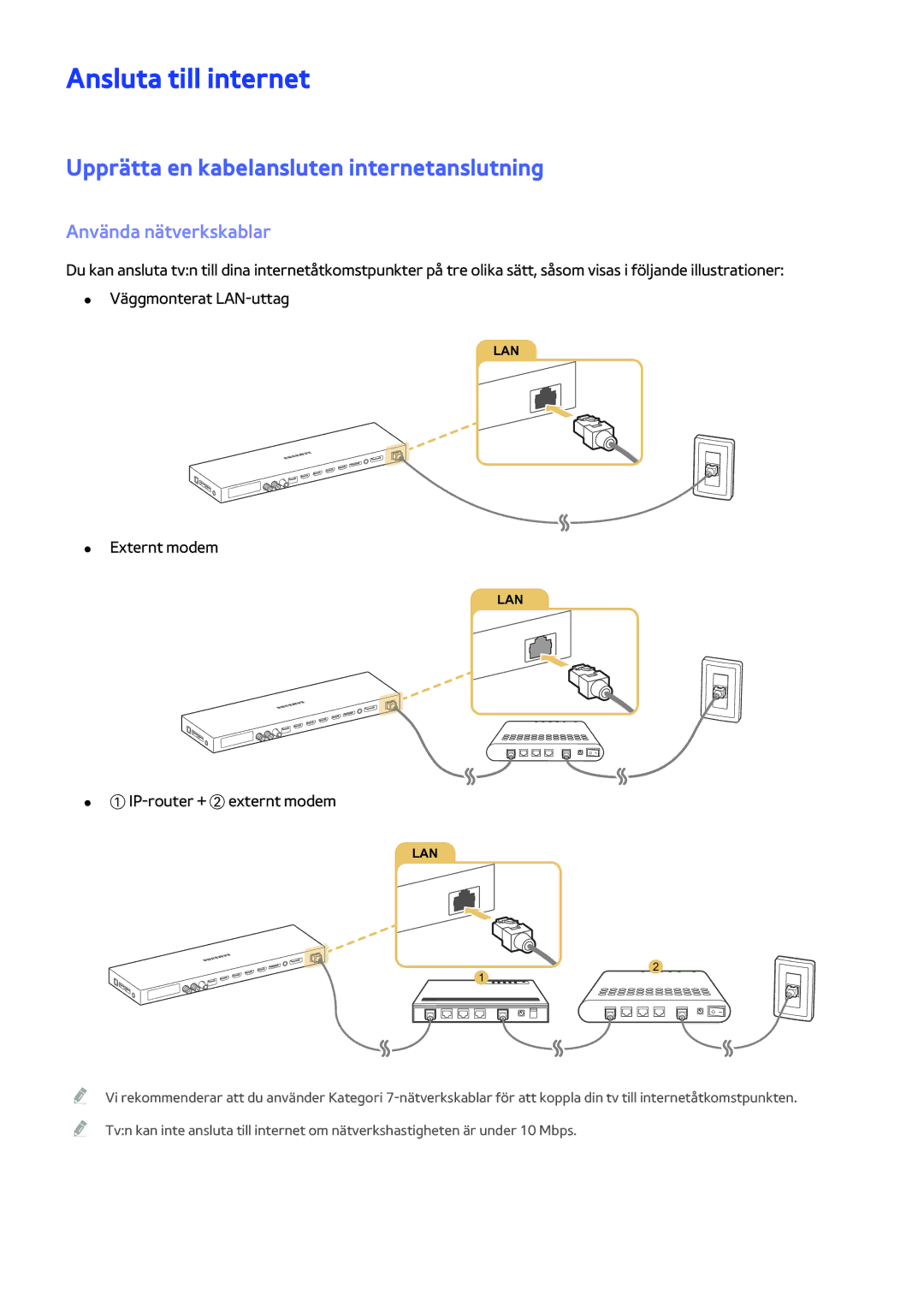 Samsung UE65JS9505QXXE manual Ansluta till internet, Upprätta en kabelansluten internetanslutning, Använda nätverkskablar 