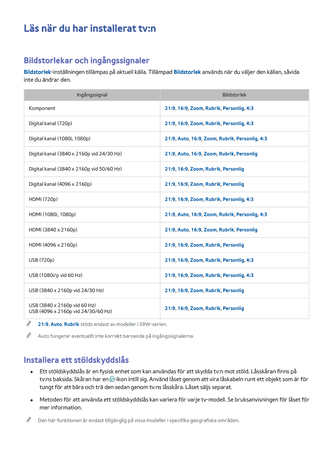 Samsung UE82S9WAQXXE Läs när du har installerat tvn, Bildstorlekar och ingångssignaler, Installera ett stöldskyddslås 