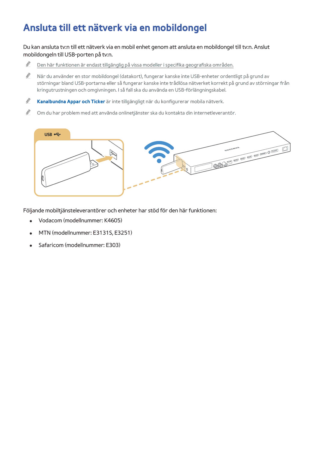 Samsung UE48JS9005QXXE, UE65JS9005QXXE, UE78JS9505QXXE, UE88JS9505QXXE manual Ansluta till ett nätverk via en mobildongel 