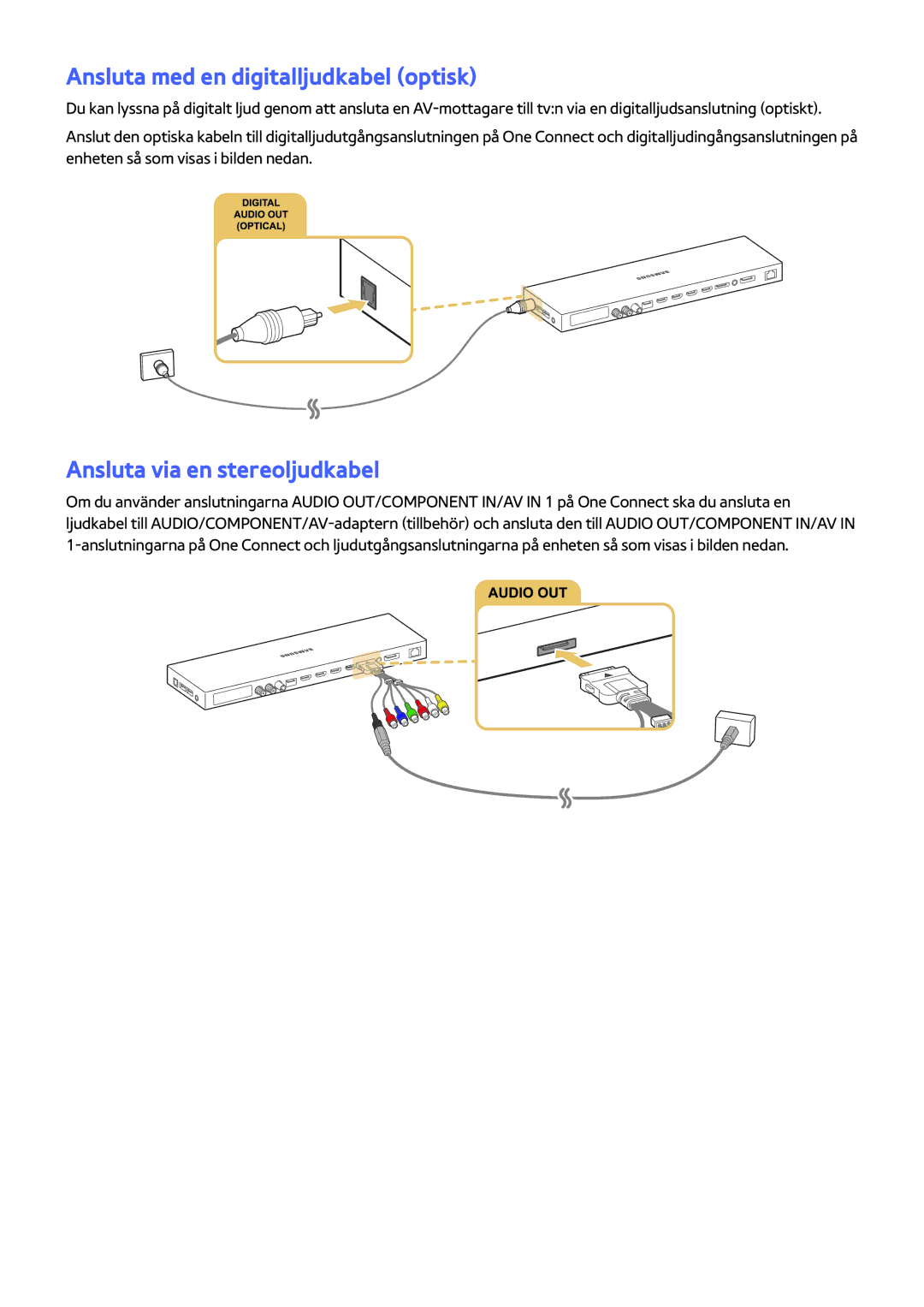 Samsung UE82S9WAQXXE, UE48JS9005QXXE, UE65JS9005QXXE Ansluta med en digitalljudkabel optisk, Ansluta via en stereoljudkabel 