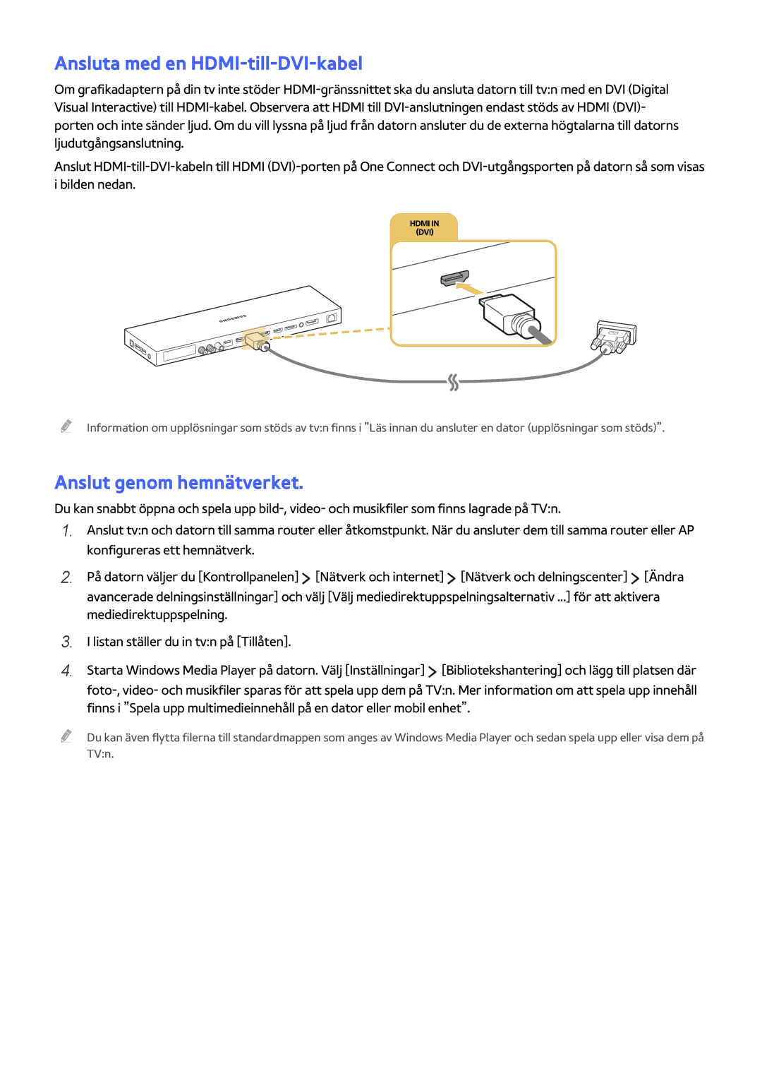 Samsung UE65JS9005QXXE, UE48JS9005QXXE, UE78JS9505QXXE manual Ansluta med en HDMI-till-DVI-kabel, Anslut genom hemnätverket 