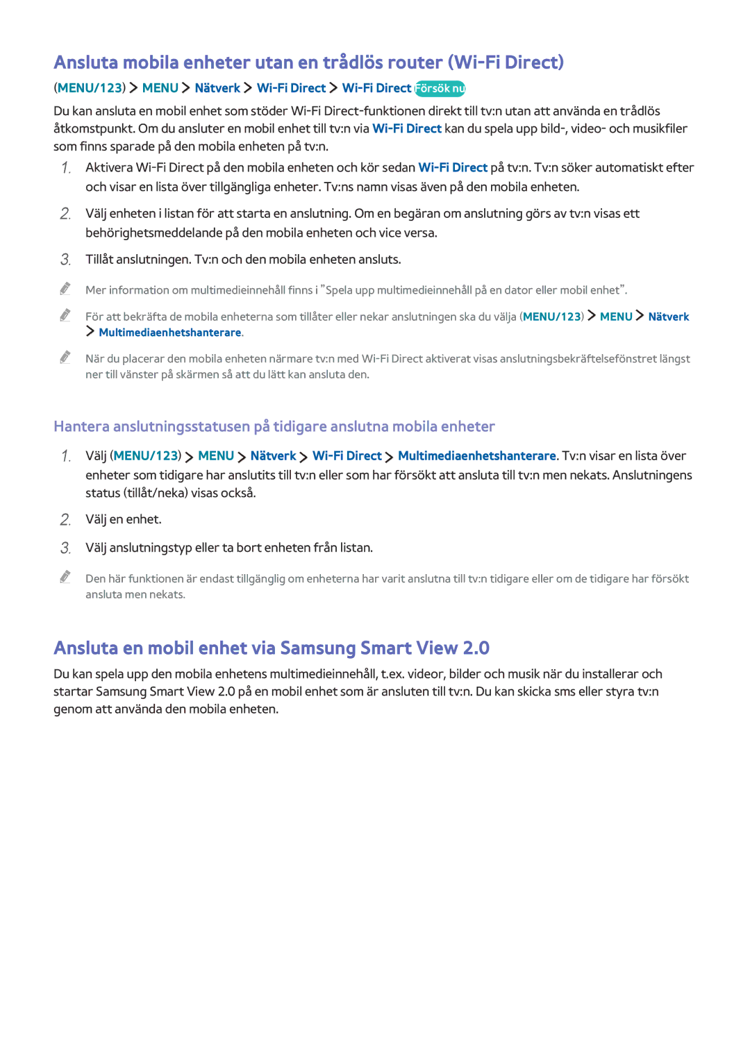 Samsung UE65JS9505QXXE, UE82S9WAQXXE Ansluta mobila enheter utan en trådlös router Wi-Fi Direct, Multimediaenhetshanterare 