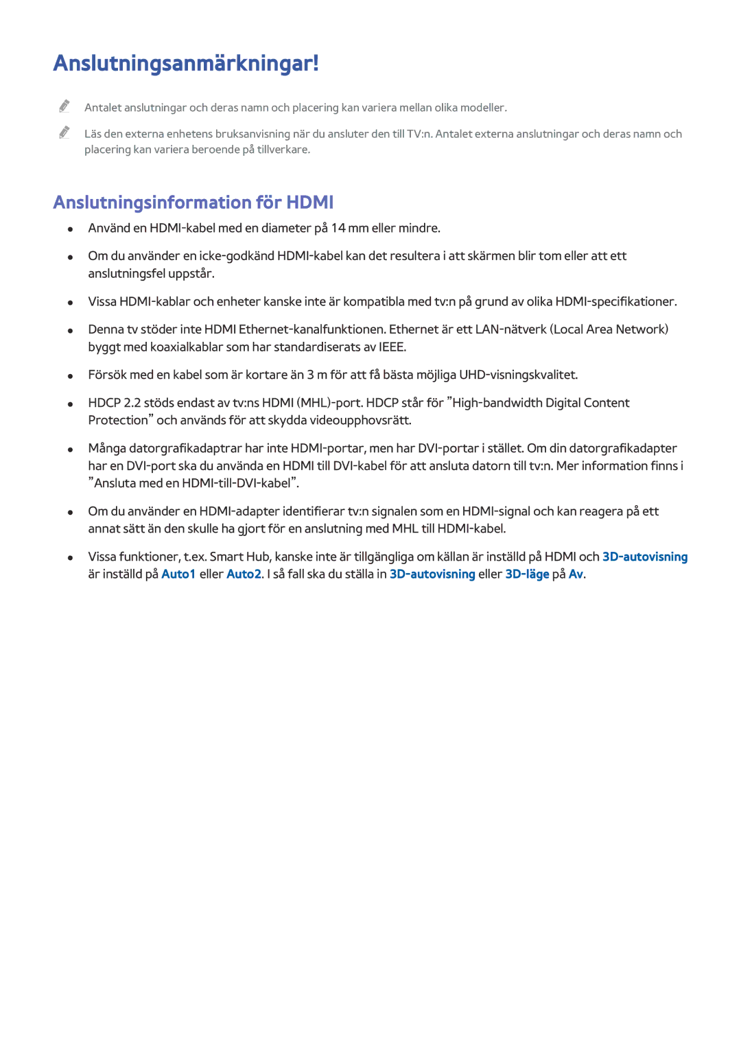 Samsung UE48JS9005QXXE, UE65JS9005QXXE, UE78JS9505QXXE manual Anslutningsanmärkningar, Anslutningsinformation för Hdmi 