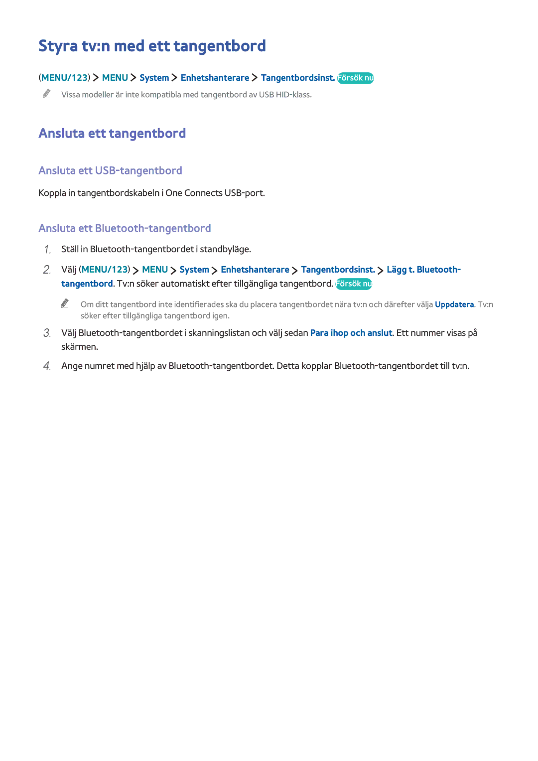 Samsung UE78JS9505QXXE, UE48JS9005QXXE Styra tvn med ett tangentbord, Ansluta ett tangentbord, Ansluta ett USB-tangentbord 