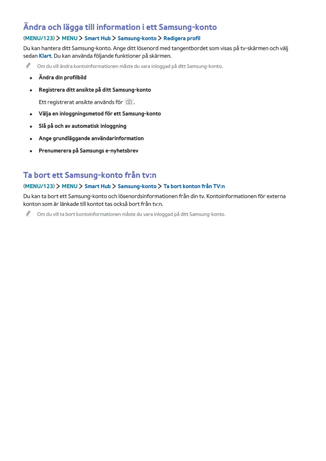 Samsung UE55JS9005QXXE manual Ändra och lägga till information i ett Samsung-konto, Ta bort ett Samsung-konto från tvn 