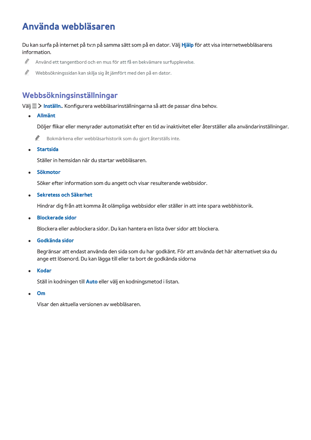 Samsung UE82S9WAQXXE, UE48JS9005QXXE, UE65JS9005QXXE, UE78JS9505QXXE manual Använda webbläsaren, Webbsökningsinställningar 