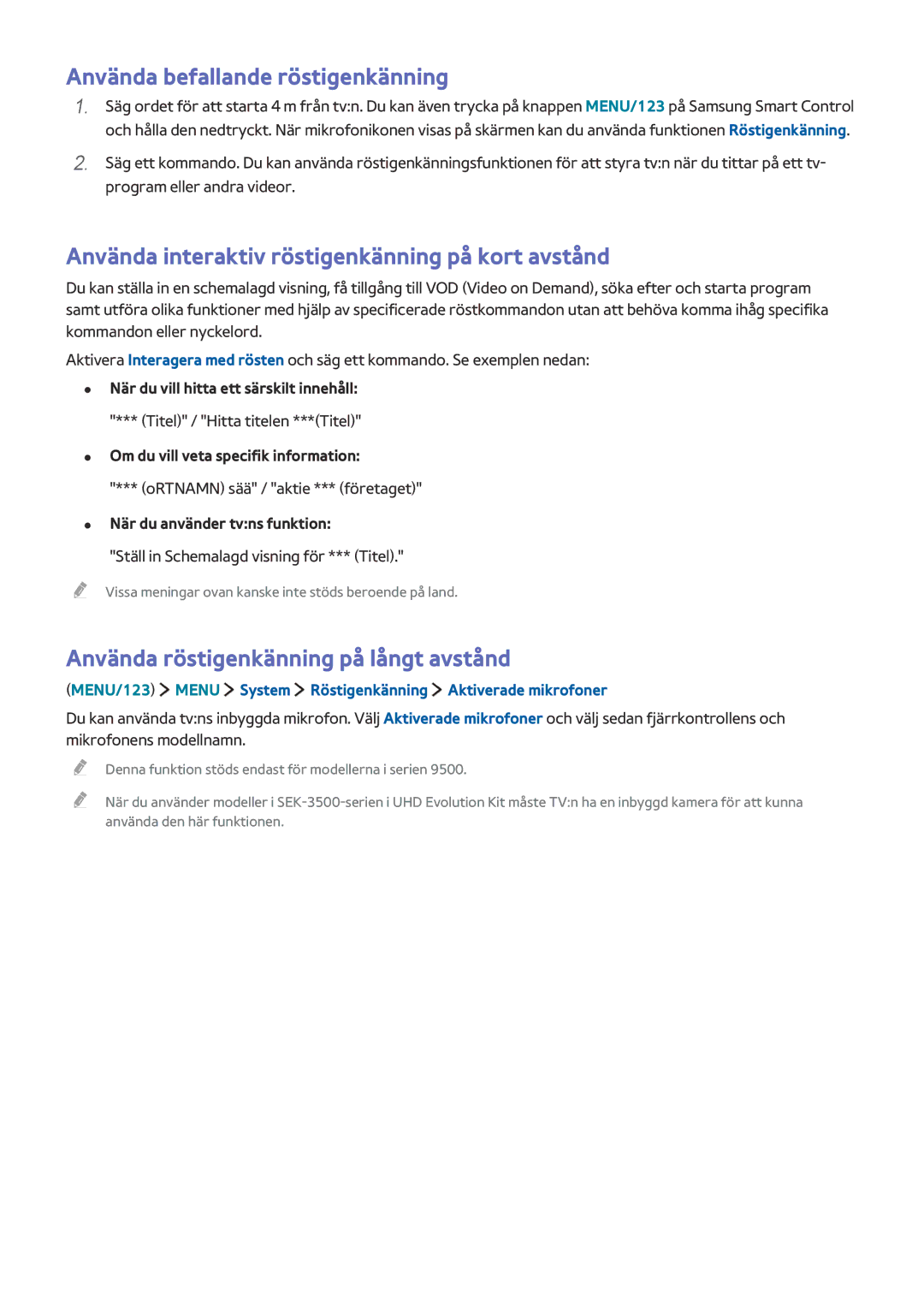 Samsung UE55JS9005QXXE manual Använda befallande röstigenkänning, Använda interaktiv röstigenkänning på kort avstånd 