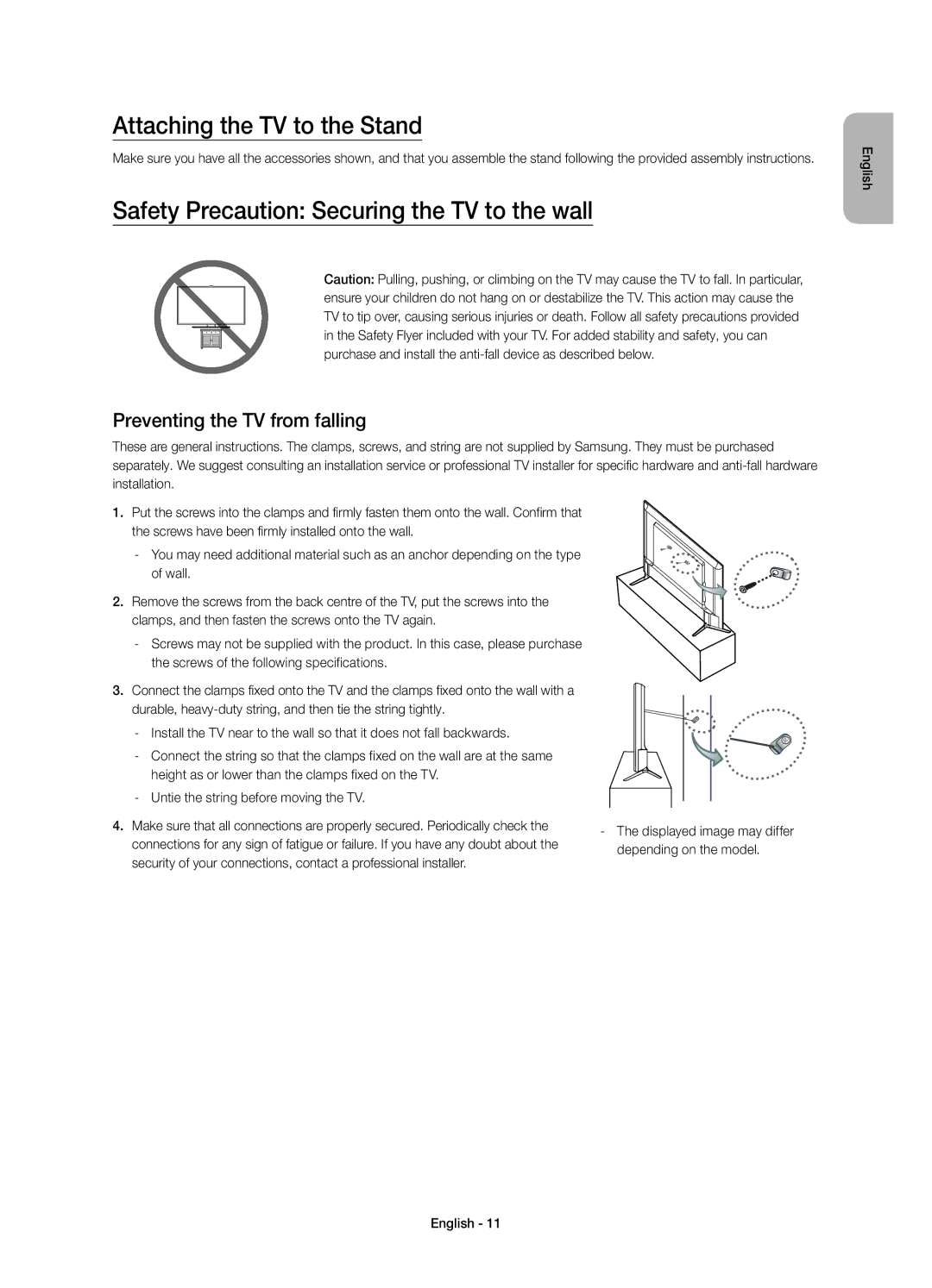 Samsung UE40JU6060KXXC, UE48JU6000KXXC manual Attaching the TV to the Stand, Safety Precaution Securing the TV to the wall 