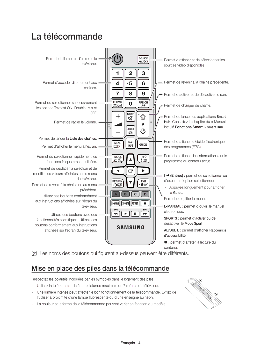 Samsung UE55JU6000KXXC, UE48JU6000KXXC, UE40JU6000KXXC manual La télécommande, Mise en place des piles dans la télécommande 