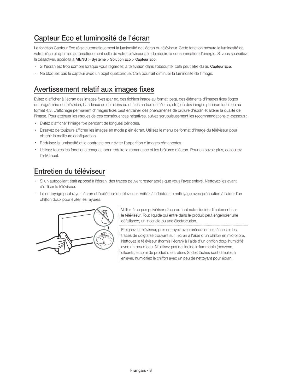 Samsung UE55JU6000KXZF, UE48JU6000KXXC manual Capteur Eco et luminosité de lécran, Avertissement relatif aux images fixes 