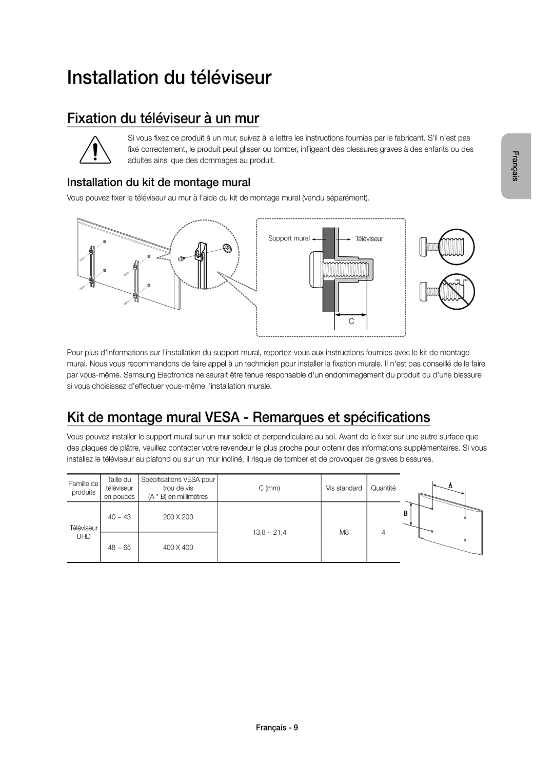 Samsung UE40JU6000KXZT Installation du téléviseur, Fixation du téléviseur à un mur, Installation du kit de montage mural 