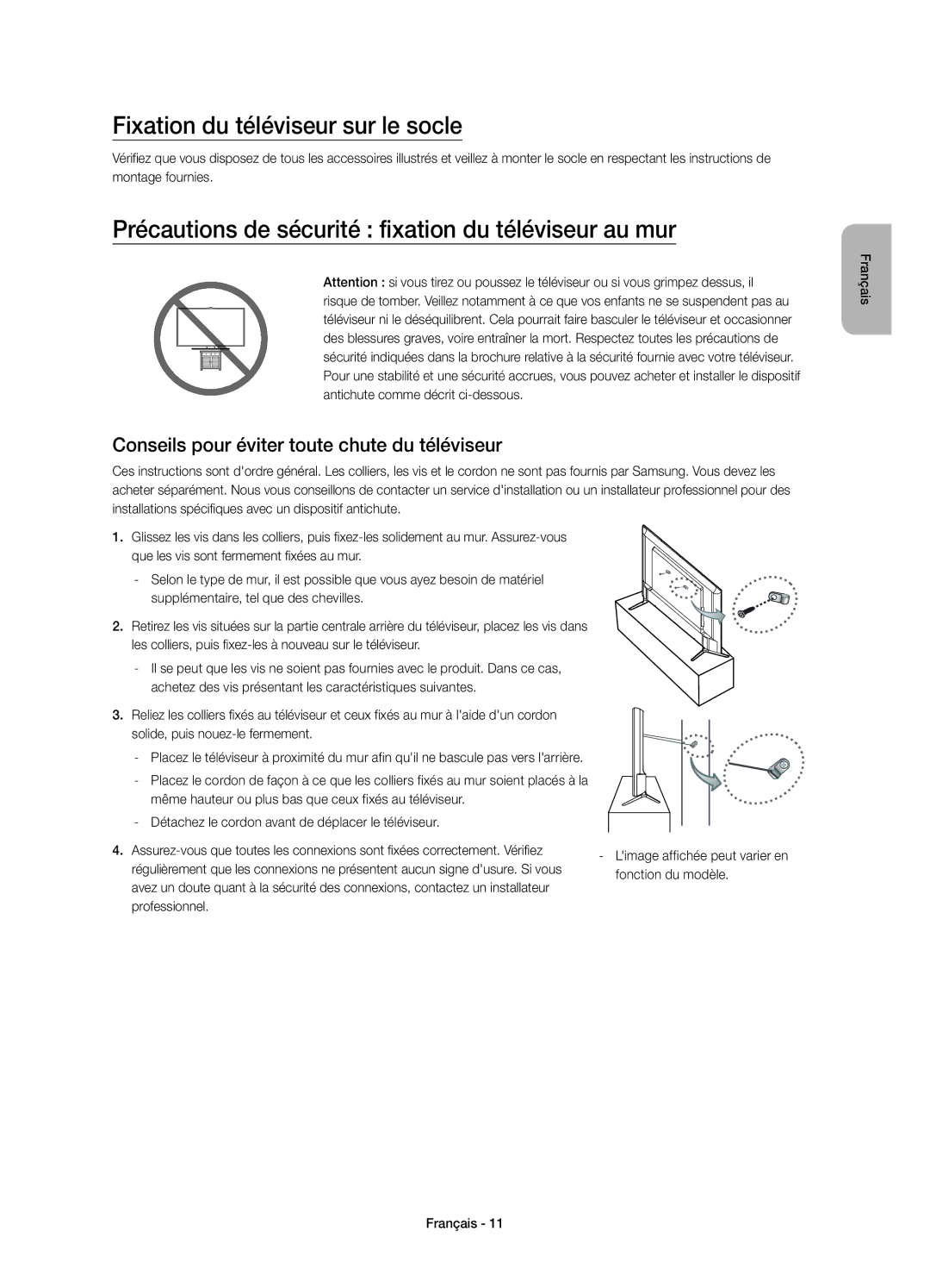 Samsung UE48JU6000KXZT manual Fixation du téléviseur sur le socle, Précautions de sécurité fixation du téléviseur au mur 