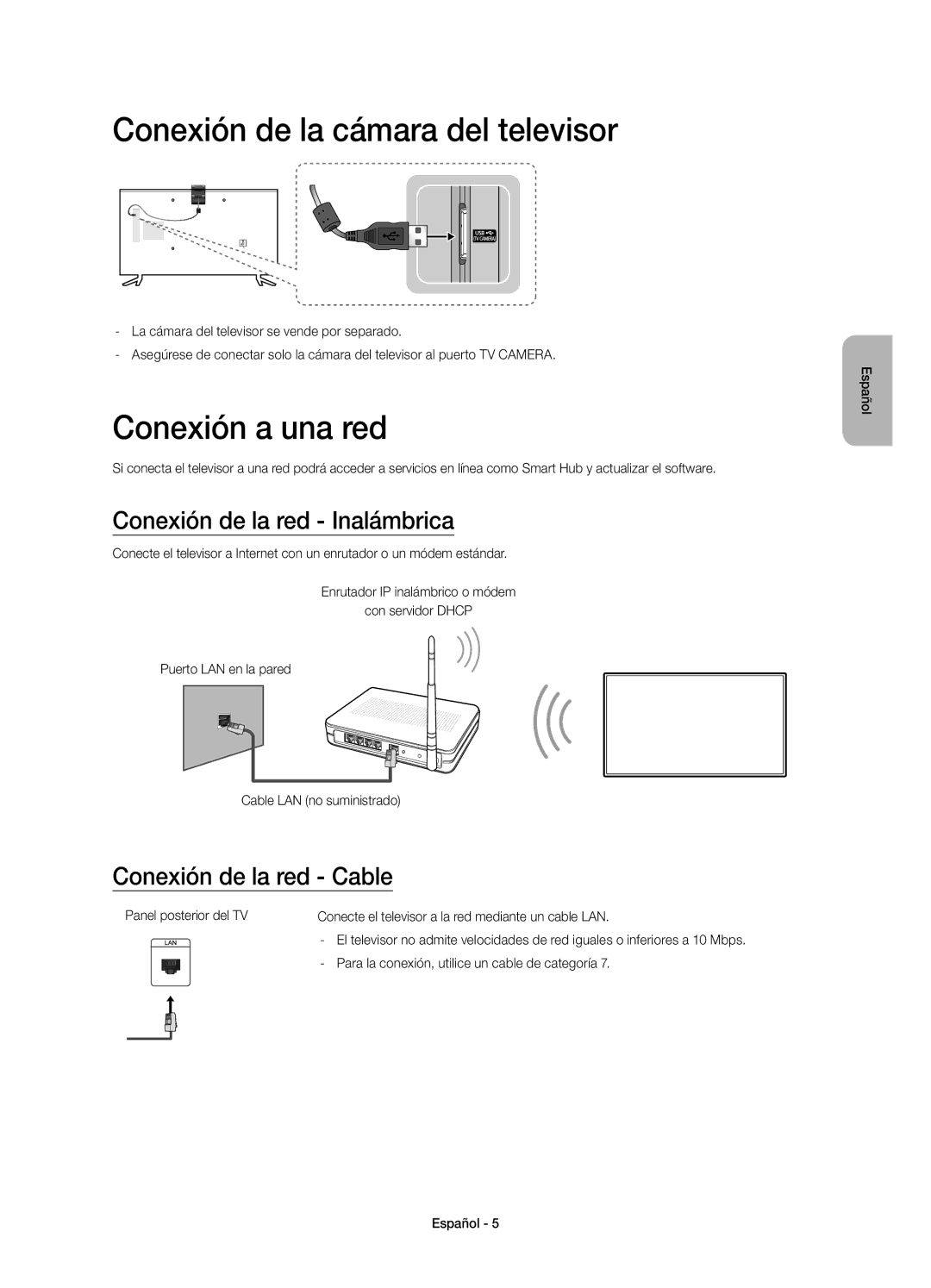 Samsung UE40JU6000KXXU manual Conexión de la cámara del televisor, Conexión a una red, Conexión de la red Inalámbrica 