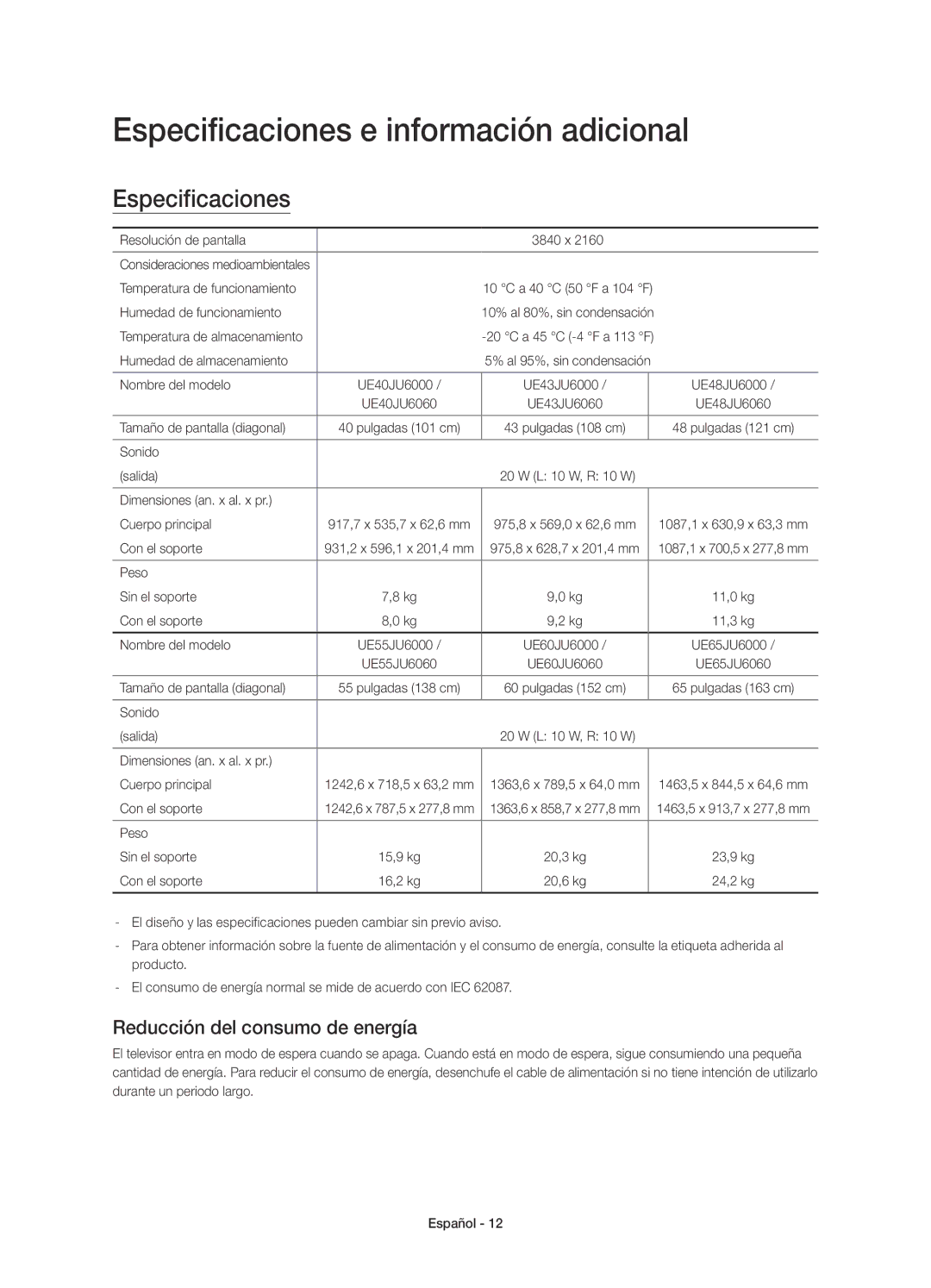 Samsung UE40JU6000KXZT, UE48JU6000KXXC manual Especificaciones e información adicional, Reducción del consumo de energía 