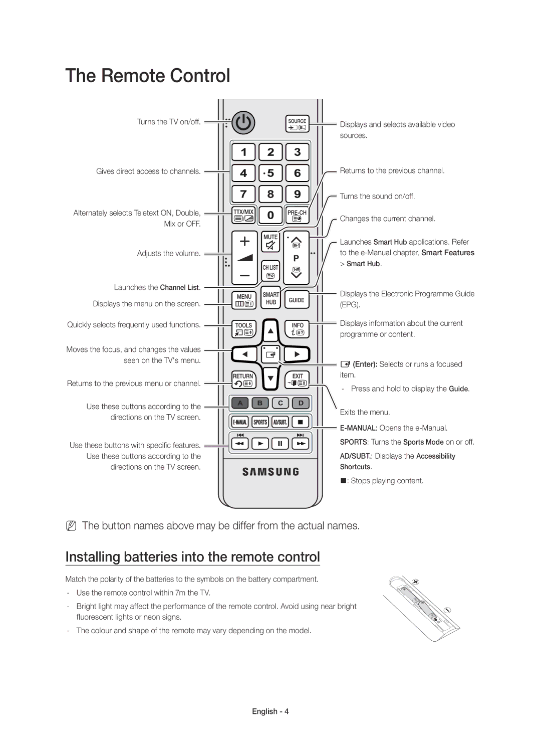 Samsung UE48JU6000KXZF, UE48JU6000KXXC, UE55JU6000KXXC manual Remote Control, Installing batteries into the remote control 