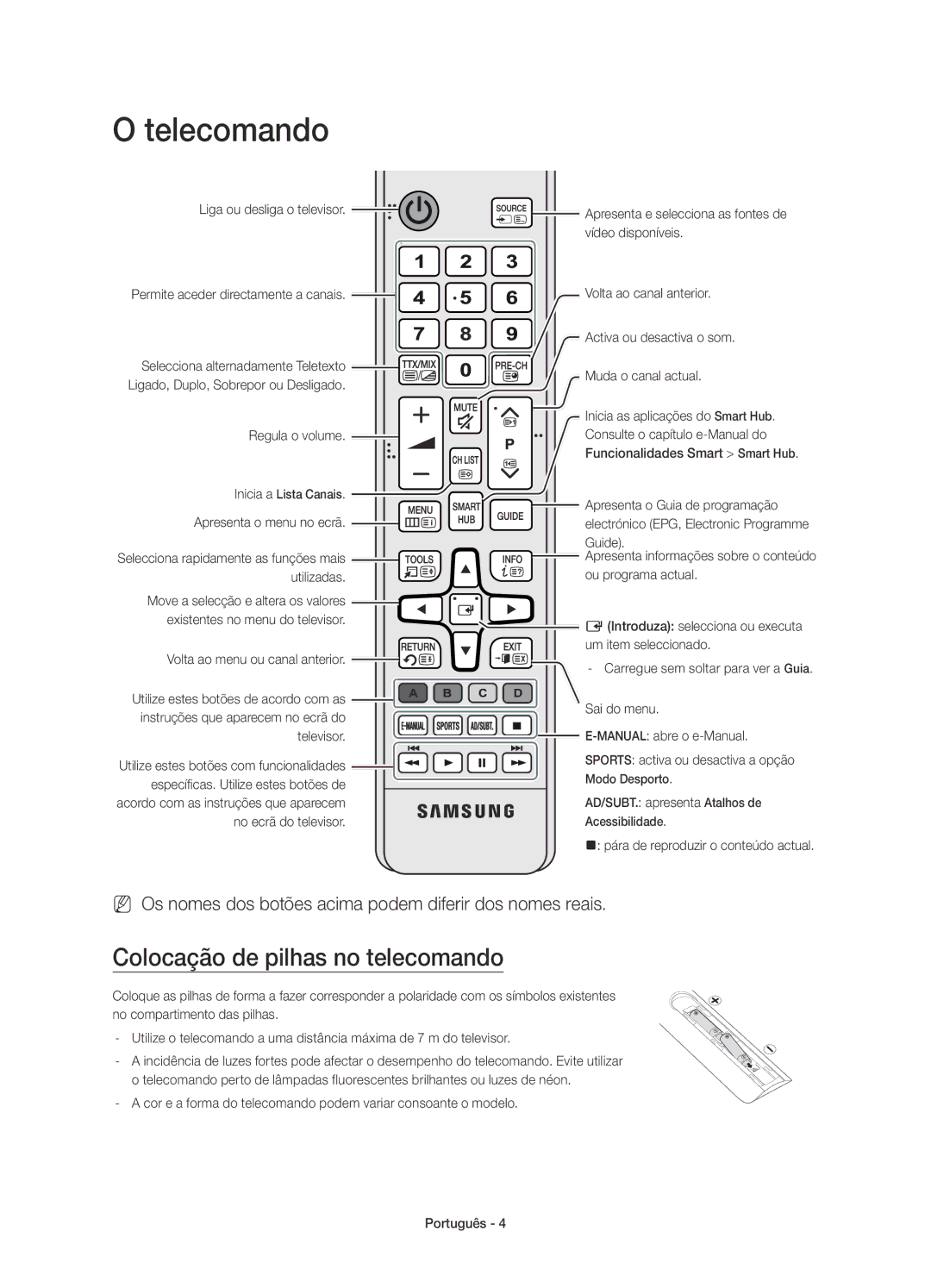 Samsung UE48JU6060KXXC, UE48JU6000KXXC, UE55JU6000KXXC, UE40JU6000KXXC manual Telecomando, Colocação de pilhas no telecomando 