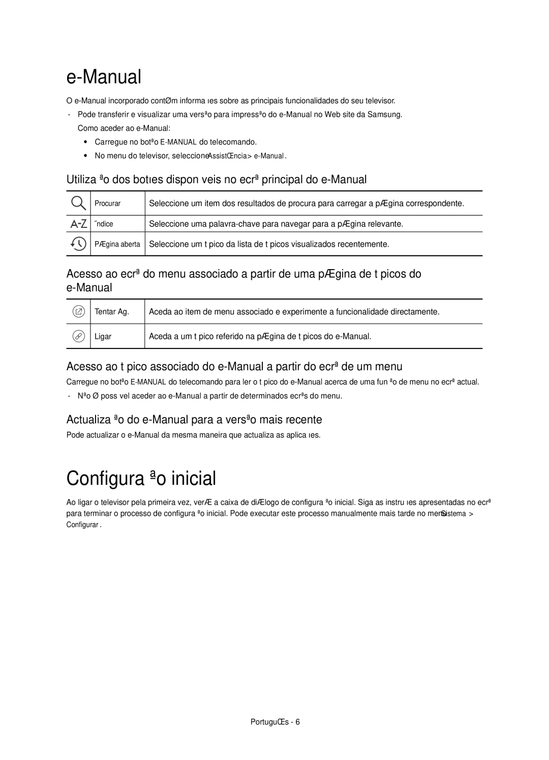 Samsung UE55JU6000KXXU, UE48JU6000KXXC manual Configuração inicial, Actualização do e-Manual para a versão mais recente 