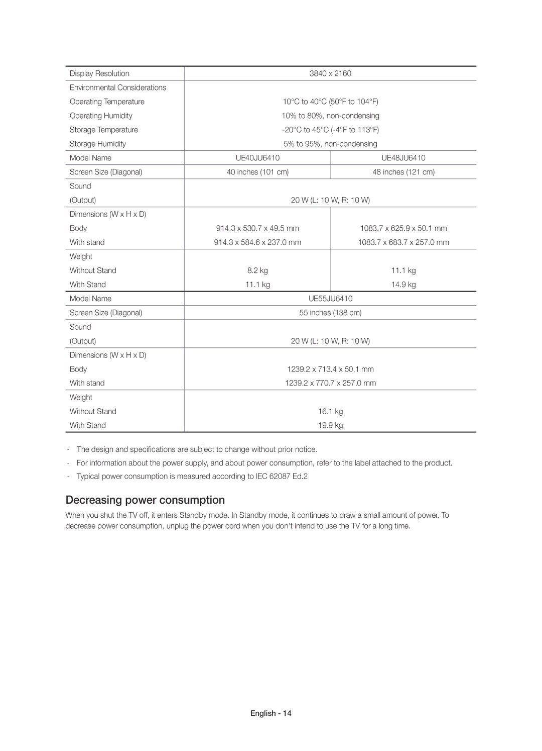 Samsung UE50JU6400KXZT, UE48JU6440WXXH, UE40JU6410UXXC, UE48JU6400KXXC, UE55JU6400KXZT manual Decreasing power consumption 