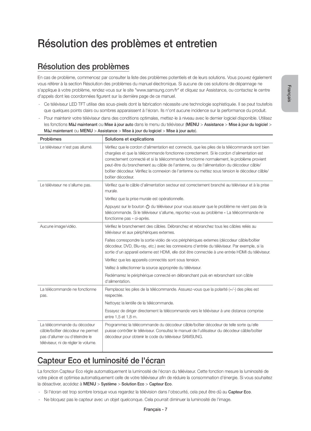 Samsung UE48JU6445WXXN, UE48JU6440WXXH manual Résolution des problèmes et entretien, Capteur Eco et luminosité de lécran 