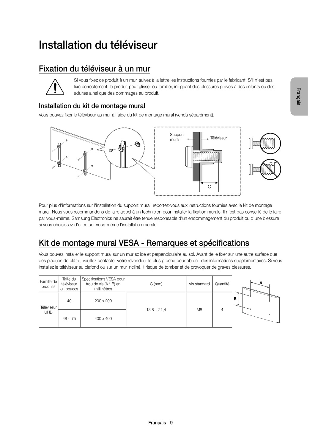 Samsung UE65JU6400KXZT Installation du téléviseur, Fixation du téléviseur à un mur, Installation du kit de montage mural 