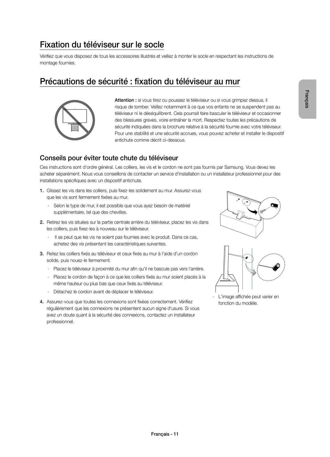 Samsung UE55JU6400KXXC manual Fixation du téléviseur sur le socle, Précautions de sécurité fixation du téléviseur au mur 