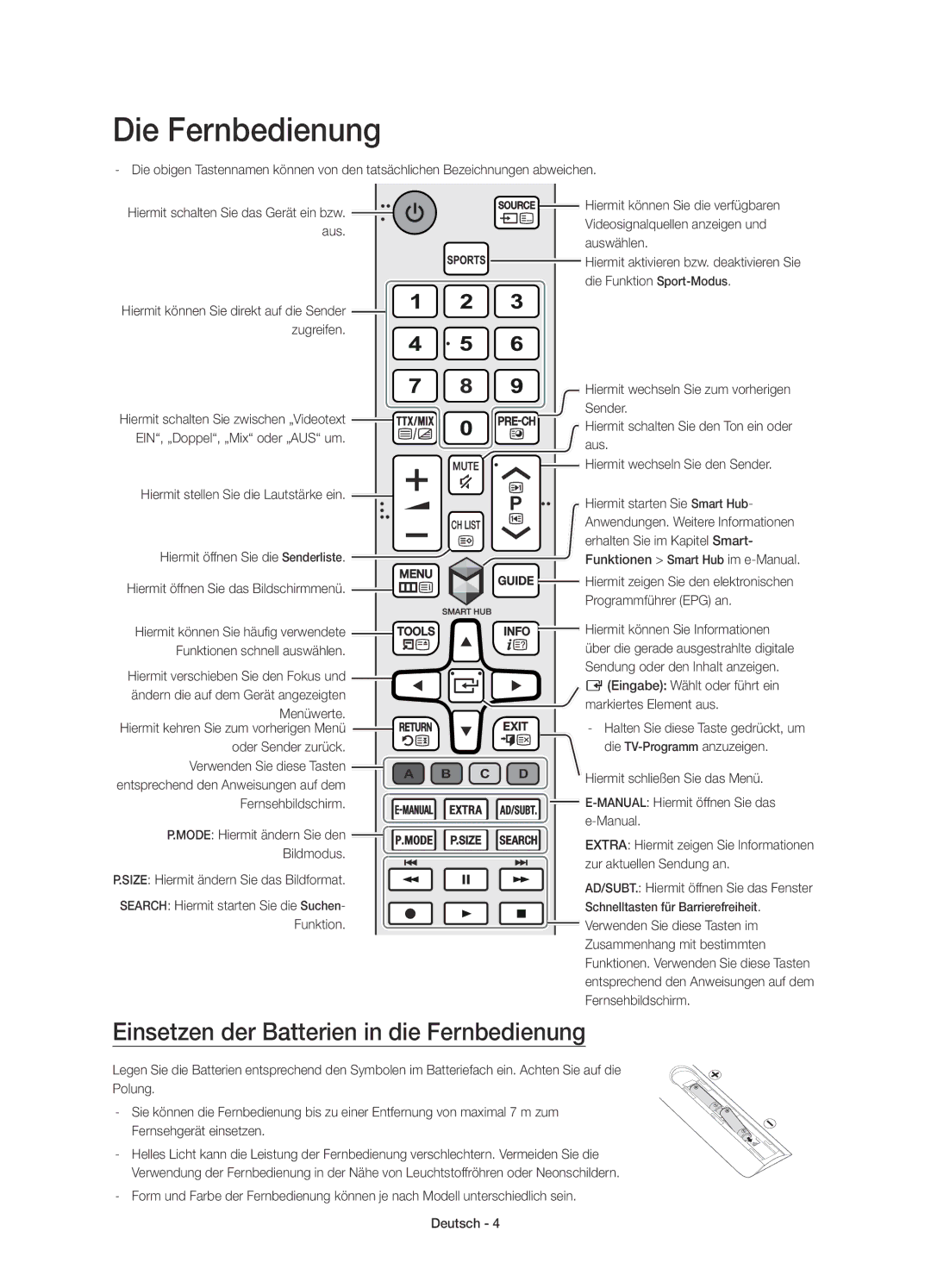 Samsung UE55JU6410UXXC, UE48JU6440WXXH, UE40JU6410UXXC, UE48JU6400KXXC manual Einsetzen der Batterien in die Fernbedienung 