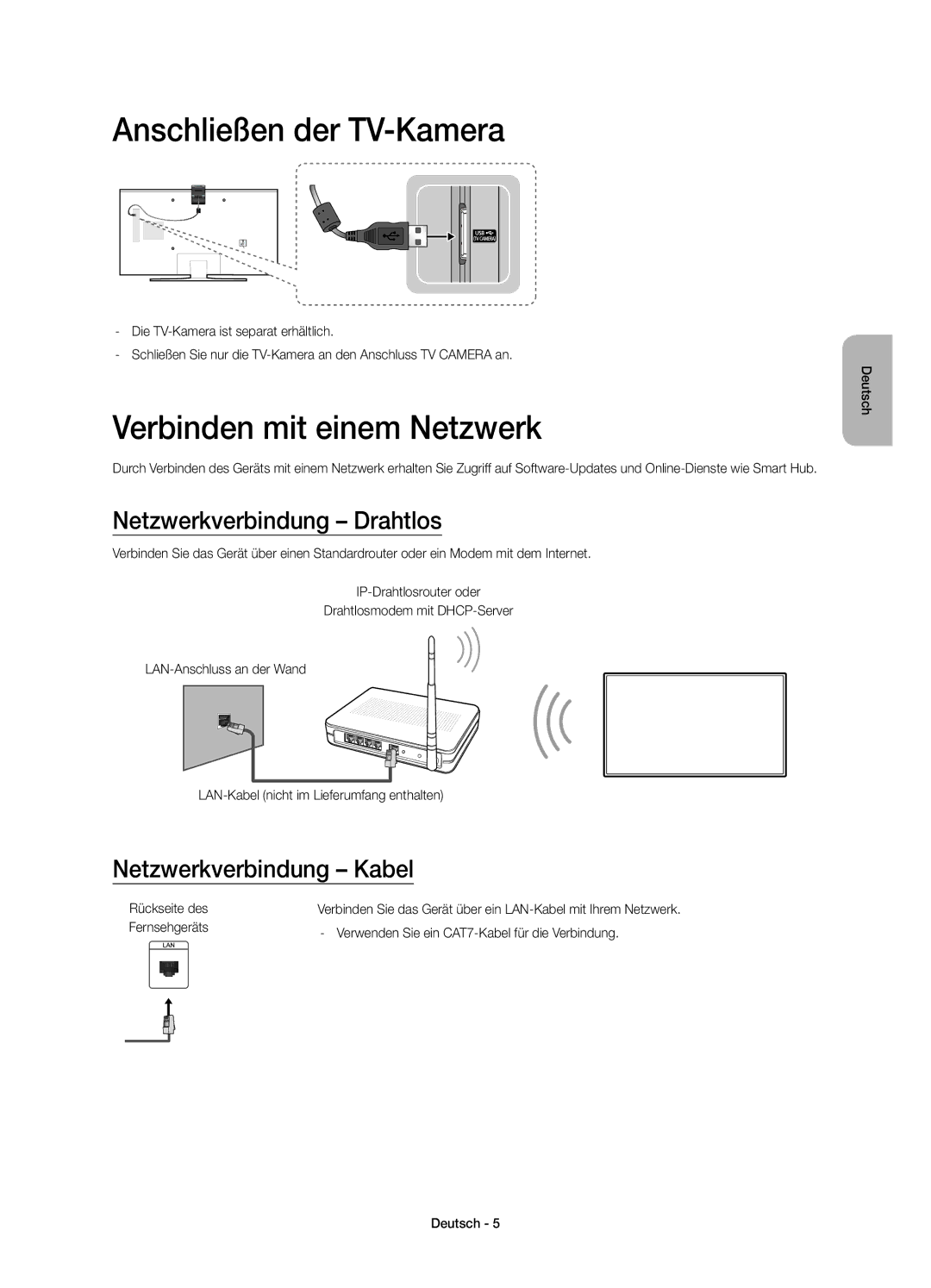 Samsung UE48JU6410SXXH manual Anschließen der TV-Kamera, Verbinden mit einem Netzwerk, Netzwerkverbindung Drahtlos 